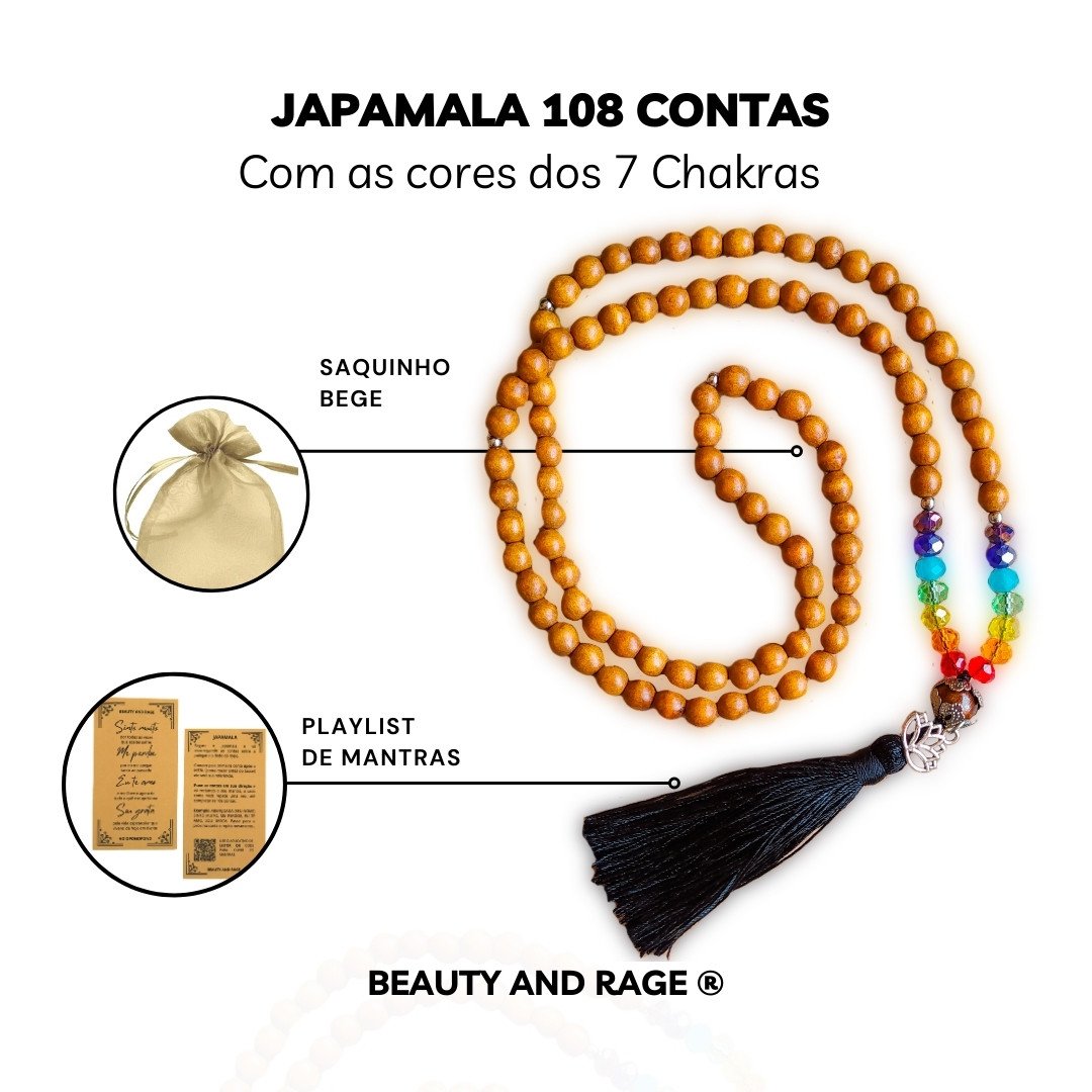 Japamala 7 Chakras com 108 Contas Madeira e Cristal Para Ho'oponopono Lótus