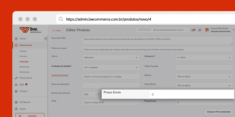 Print do campo para configuração de prazo de entrega personalizado na plataforma de e-commerce BW Commerce
