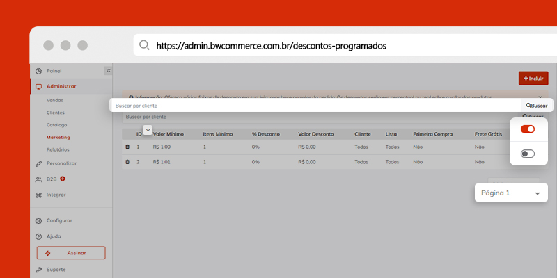 Print da tela de configuração de Descontos Programados na plataforma de e-commerce BW Commerce, destacando as melhorias