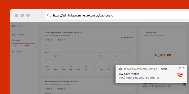 Demonstração do sistema de notificações na plataforma de e-commerce BW Commerce