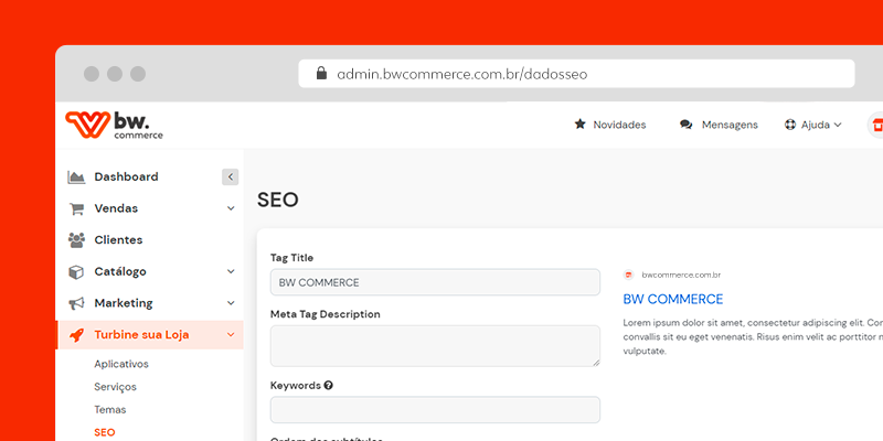 Tela de configurações de SEO na plataforma de e-commerce BW Commerce