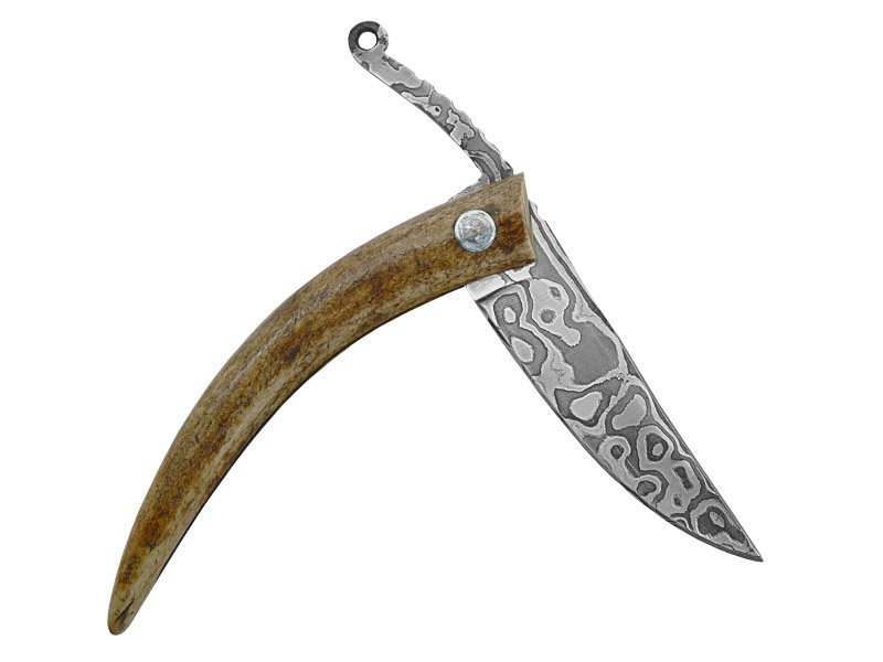 Adelar Filippon Canivete Friction Folder para colecionador em aço damasco. Empunhadura em chifre de cervo, 19 cm