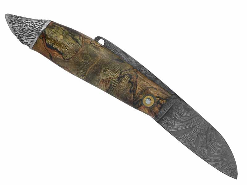 Adelar Filippon Canivete Friction Folder para colecionador em aço damasco. Empunhadura Spalted de plátano estabilizado, 21 cm