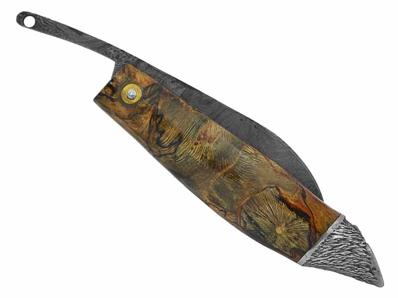 Adelar Filippon Canivete Friction Folder para colecionador em aço damasco. Empunhadura Spalted de plátano estabilizado, 21 cm