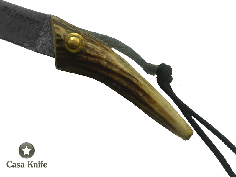 Adelar Filippon Canivete Friction Folder para colecionador em aço damasco com empunhadura em chifre de cervo, 15 cm