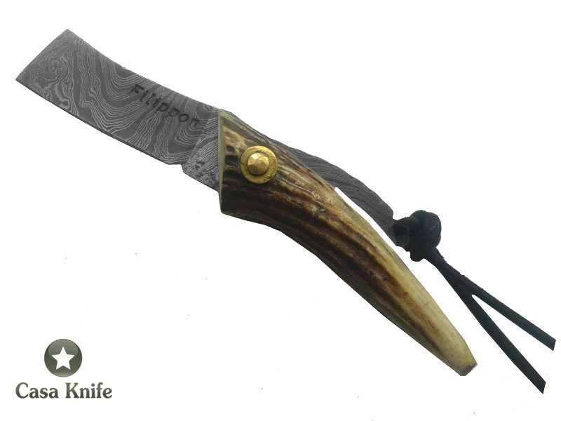 Adelar Filippon Canivete Friction Folder para colecionador em aço damasco com empunhadura em chifre de cervo, 15 cm