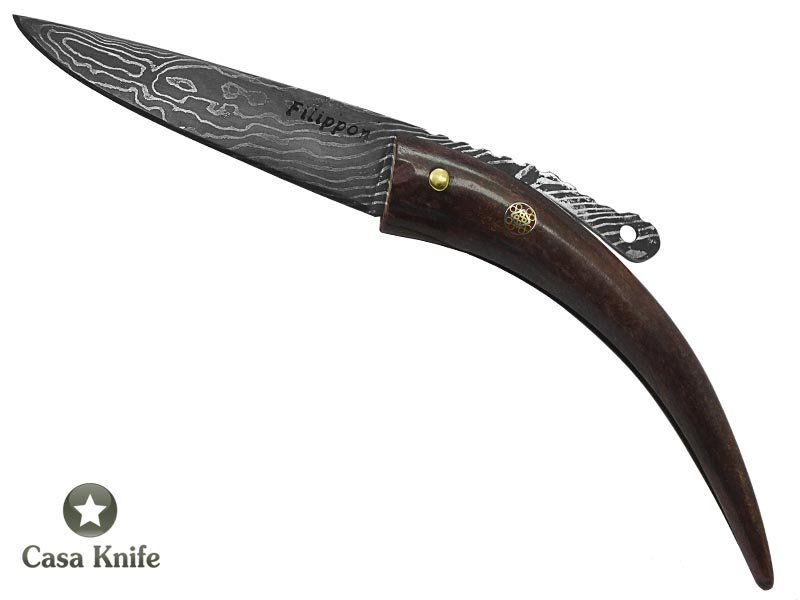 Adelar Filippon Canivete Friction Folder para colecionador em aço damasco com empunhadura em chifre de cervo, 24 cm