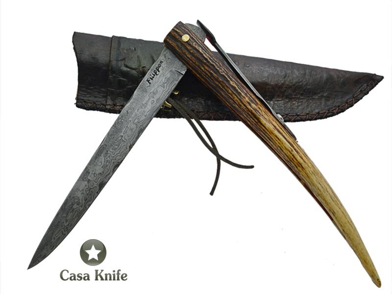 Adelar Filippon canivete gigante para colecionador em aço damasco com empunhadura em chifre de cervo, 44 cm