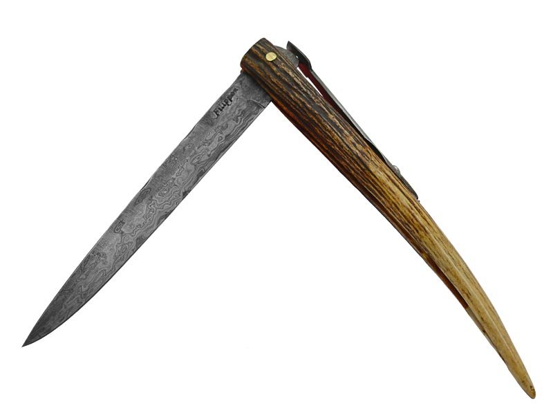 Adelar Filippon canivete gigante para colecionador em aço damasco com empunhadura em chifre de cervo, 44 cm