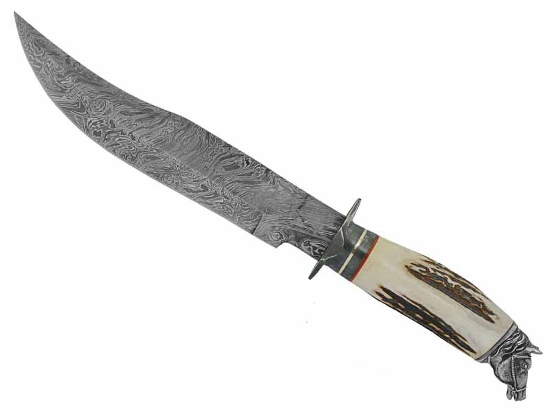Adelar Filippon faca Bowie para colecionador forjada em Aço Damasco. Empunhadura em cifre de cervo, 36 cm