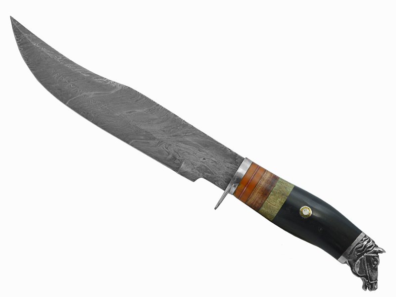 Adelar Filippon faca bowie para colecionador forjada em aço damasco. Empunhadura em osso de boi, 35 cm