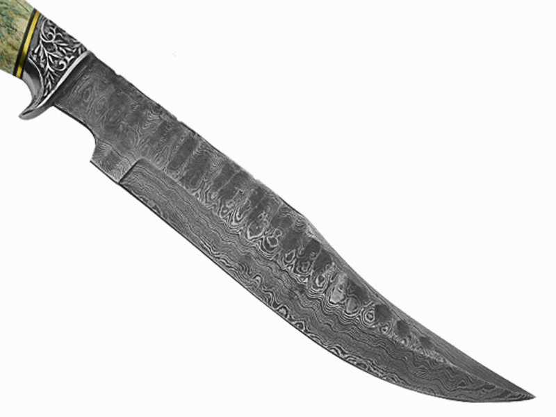 Adelar Filippon faca bowie para colecionador forjada em aço damasco. Empunhadura em osso de boi estabilizado, 38 cm