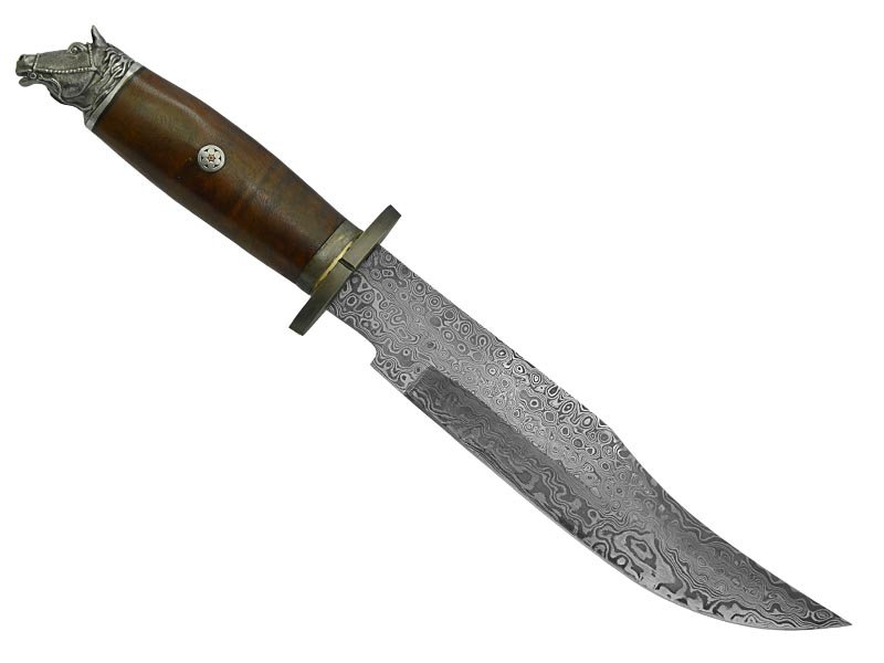 Adelar Filippon faca Bowie para colecionador forjada em Aço Damasco. Empunhadura em Rádica de Roseira Estabilizada, 36 cm.