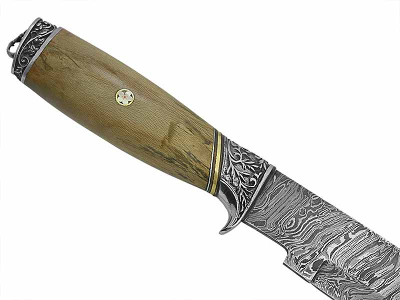 Adelar Filippon faca Bowie para colecionador forjada em Aço Damasco. Empunhadura em Spalted de plátano estabilizado, 35 cm