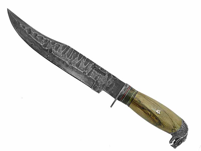 Adelar Filippon faca Bowie para colecionador forjada em Aço Damasco brut forge. Empunhadura em Spalted de plátano estabilizado, 34 cm