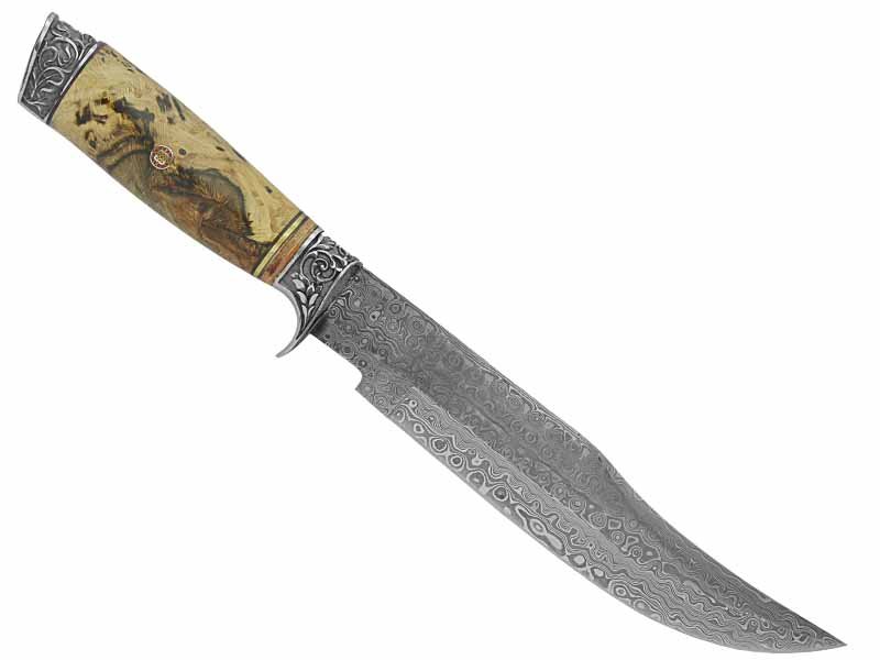 Adelar Filippon faca Bowie para colecionador forjada em Aço Damasco. Empunhadura em Spalted de plátano estabilizado, 36 cm