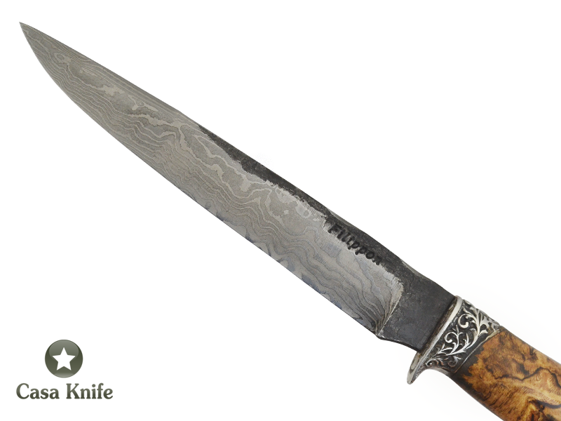 Adelar Filippon faca brüt Forge para colecionador, forjada em aço damasco. Empunhadura em Spalted Platano estabilizada, 30cm