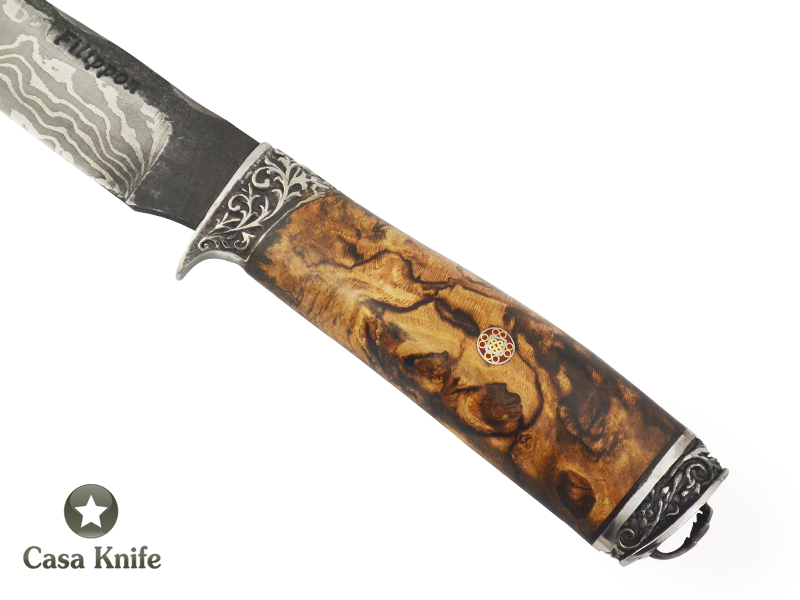 Adelar Filippon faca brüt Forge para colecionador, forjada em aço damasco. Empunhadura em Spalted Platano estabilizada, 30cm