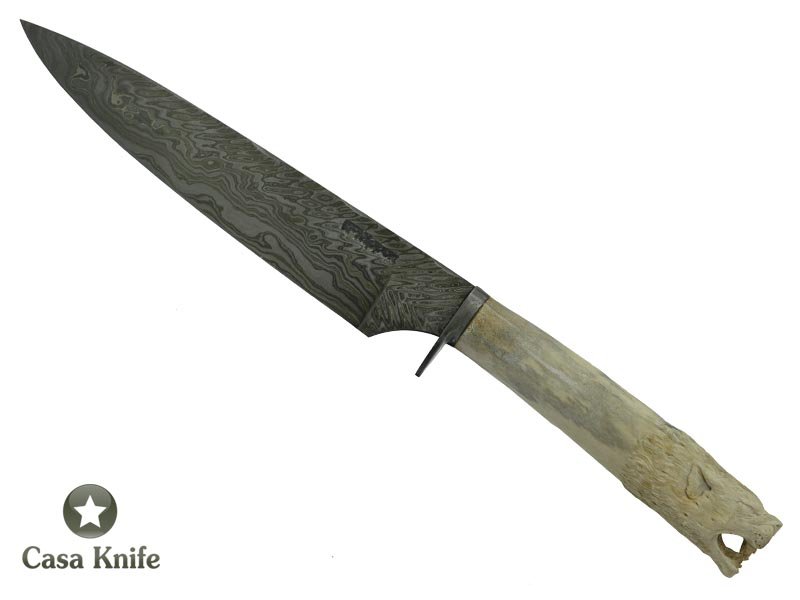 Adelar Filippon faca para colecionador em aço damasco - padrão gota de chuva modificado com empunhadura em chifre de cervo esculpido, 34 cm