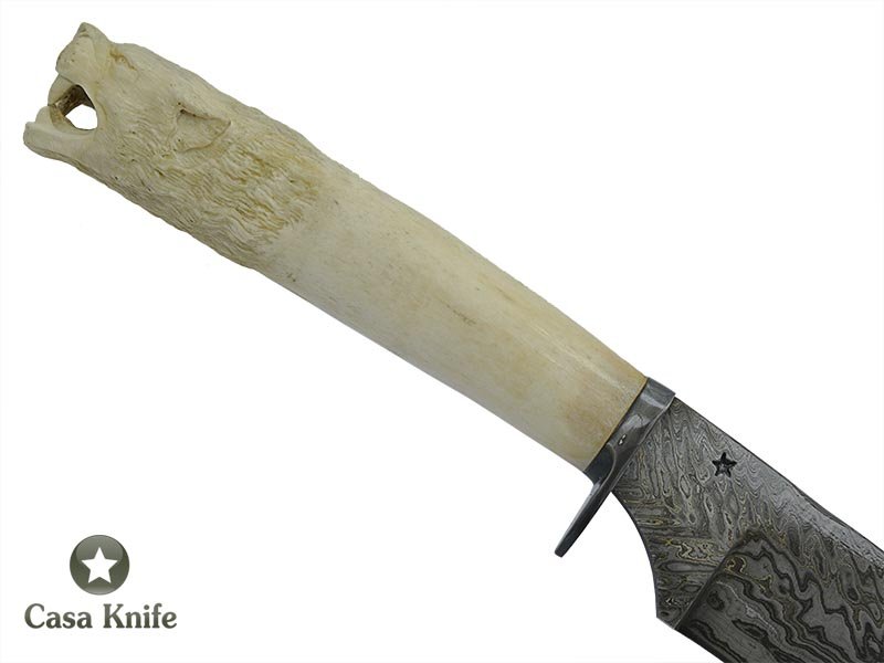 Adelar Filippon faca para colecionador em aço damasco - padrão gota de chuva modificado com empunhadura em chifre de cervo esculpido, 34 cm