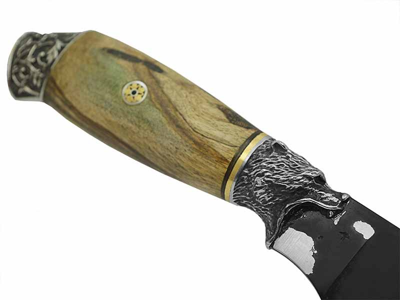Adelar Filippon faca para colecionador forjado em aço Go May padrão zebra. Empunhadura em Spalted de plátano estabilizado, 33 cm