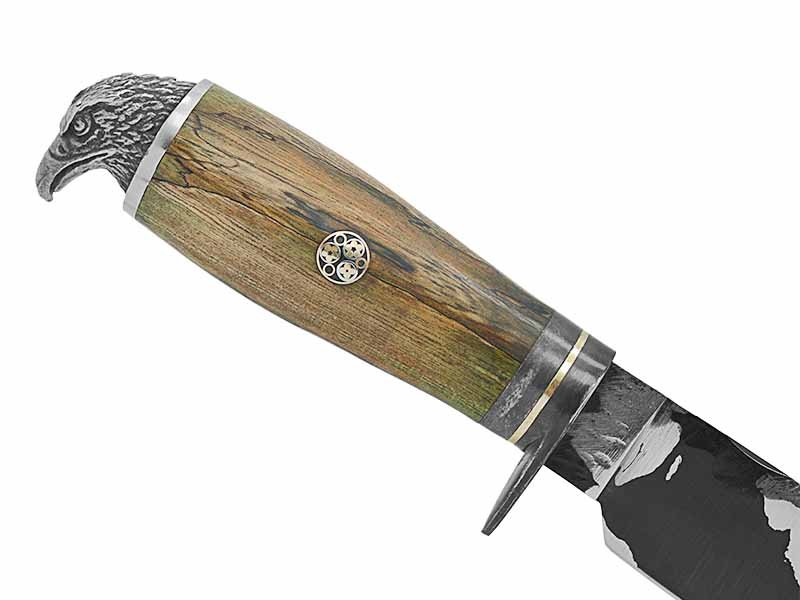 Adelar Filippon faca para colecionador forjado em aço Go May padrão zebra. Empunhadura em Spalted de plátano estabilizado, 29 cm
