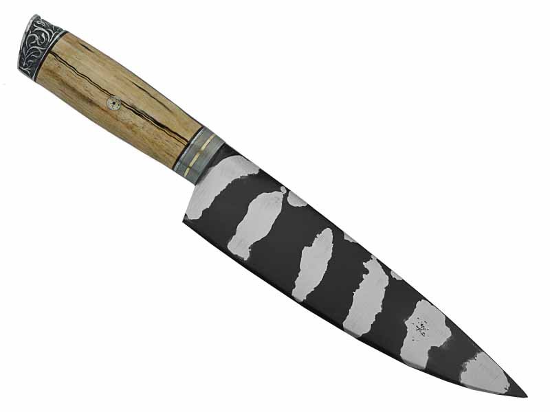Adelar Filippon faca para colecionador forjado em aço Go May padrão zebra. Empunhadura em Spalted de plátano estabilizado, 35 cm