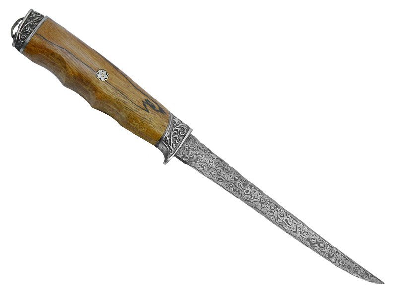 Adelar Filippon faca sangradeira para colecionador forjada em aço damasco. Empunhadura em plátano estabilizado, 30 cm