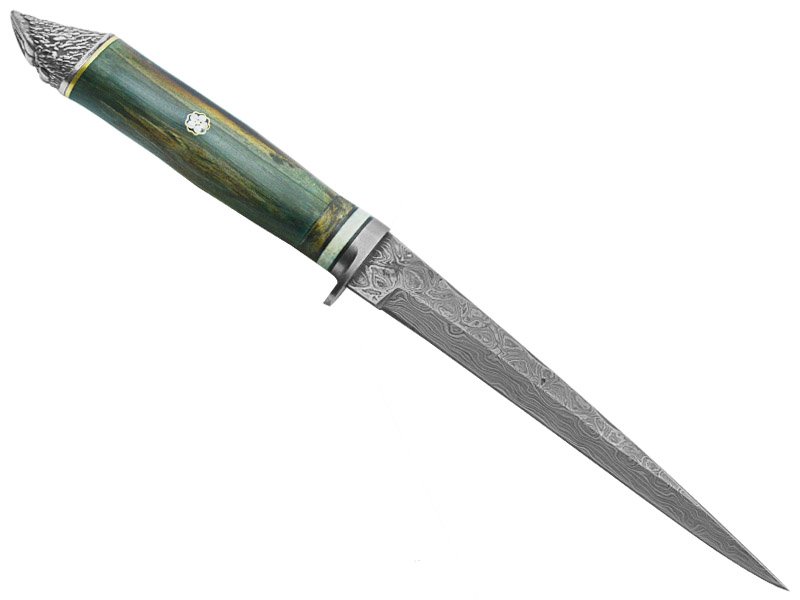 Adelar Filippon faca sangradeira para colecionador forjada em aço damasco. Empunhadura em plátano estabilizado, 31 cm