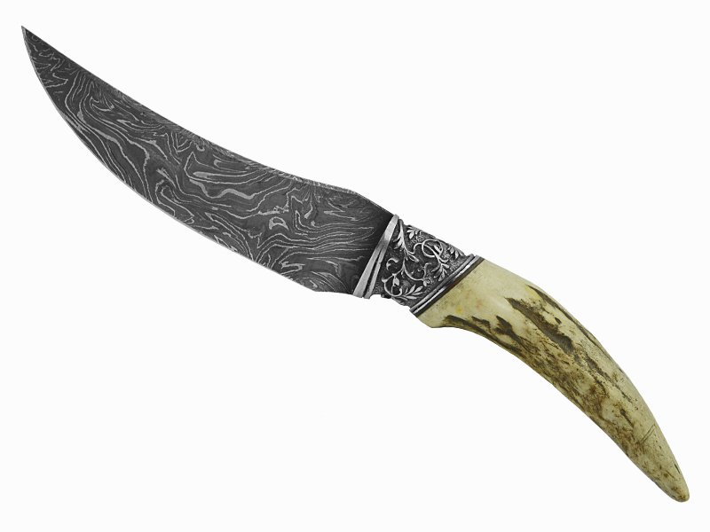 Adelar Filippon faca skinner para colecionador forjado em aço damasco. Empunhadura em chifre de cervo, 24 cm