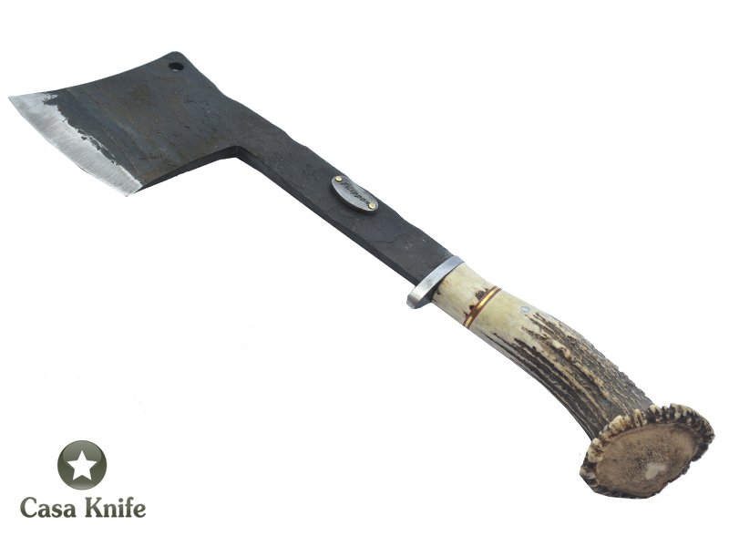 Adelar Filippon machado Brut Forge para colecionador em aço 5160 com empunhadura em chifre de cervo . 38 cm