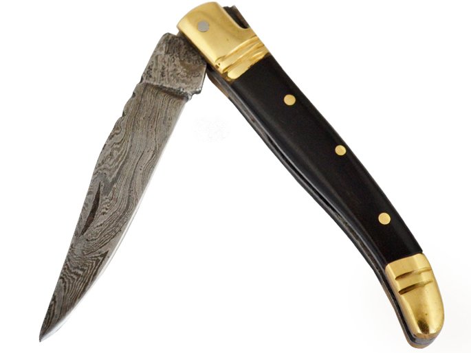 Canivete estilo laguiole em aço damasco e empunhadura em chifre de búfalo, 16 cm