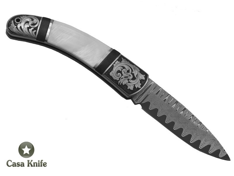 Canivete forjado com lindo padrão de aço damasco com empunhadura em madrepérola, 13 cm