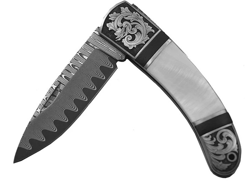 Canivete forjado com lindo padrão de aço damasco com empunhadura em madrepérola, 13 cm