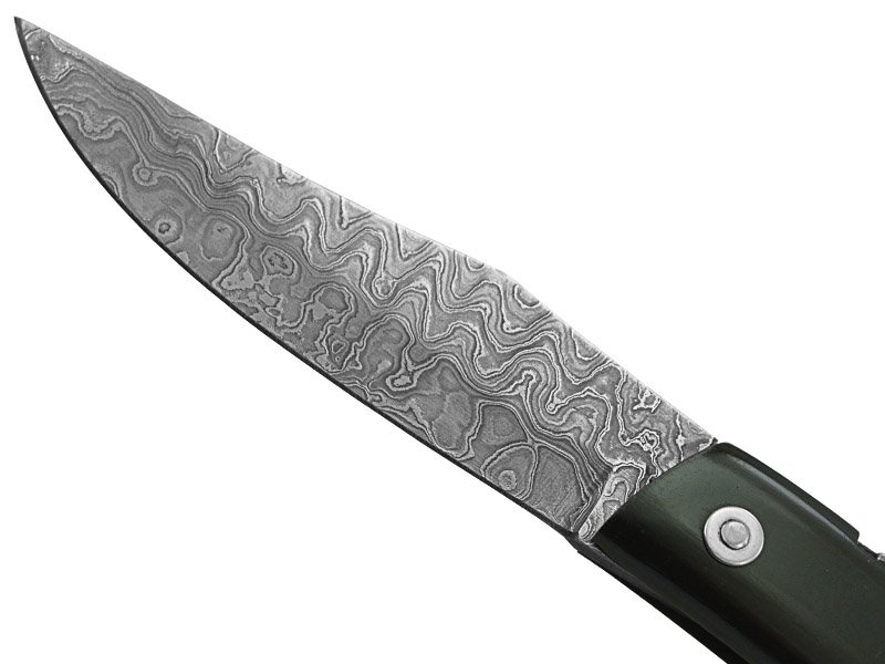 Canivete friction folder para colecionador em aço damasco. Empunhadura em chifre de boi, 19 cm