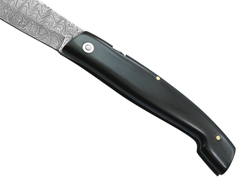 Canivete friction folder para colecionador em aço damasco. Empunhadura em chifre de boi, 19 cm