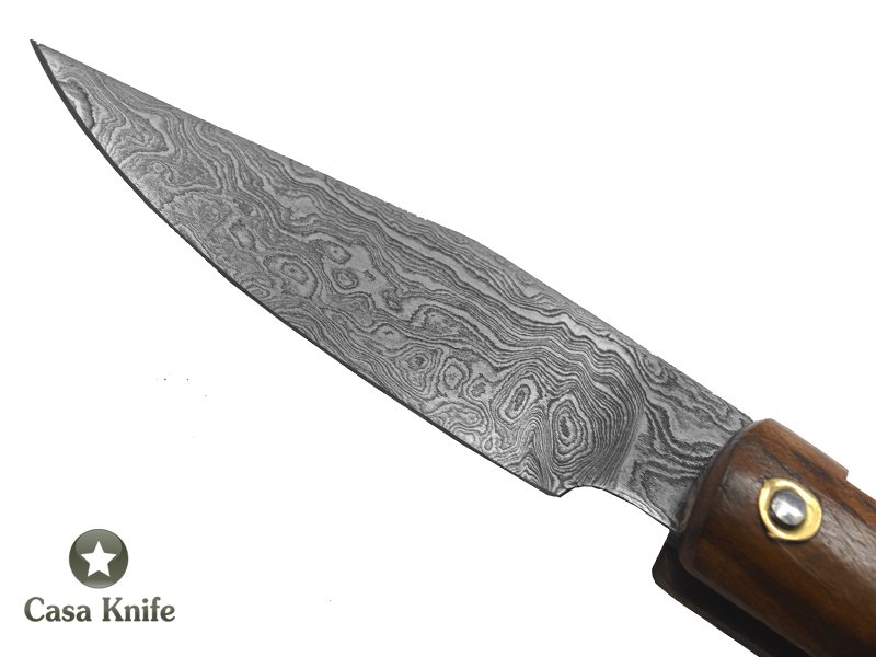 Canivete Friction Folder para colecionador forjado em aço damasco. Empunhadura em Madeira Teca, 21 cm