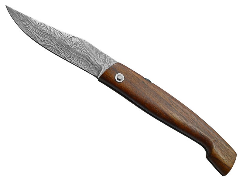 Canivete Friction Folder para colecionador forjado em aço damasco. Empunhadura em madeira teca, 19mm
