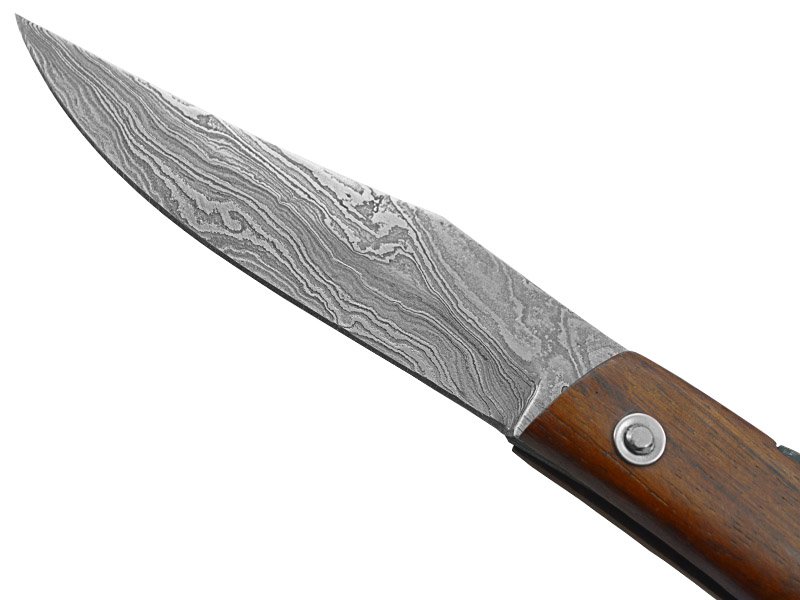 Canivete Friction Folder para colecionador forjado em aço damasco. Empunhadura em madeira teca, 19mm