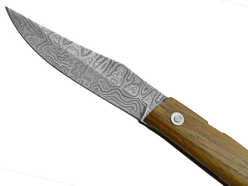 Canivete Friction Folder para colecionador forjado em aço damasco. Empunhadura em madeira teca, 20 cm