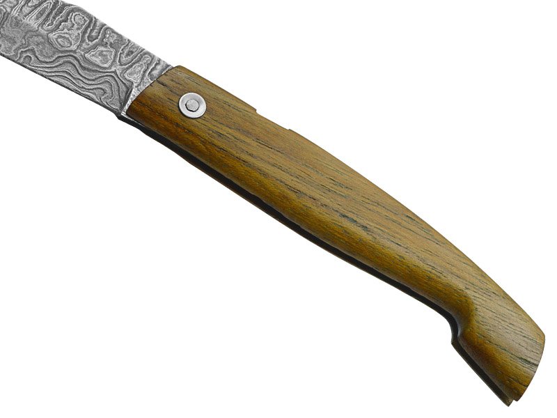Canivete Friction Folder para colecionador forjado em aço damasco. Empunhadura em madeira teca, 20 cm