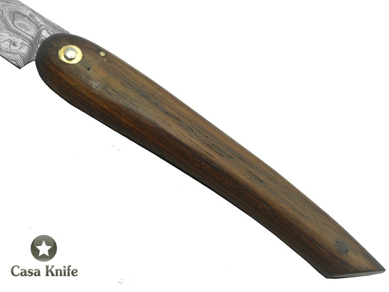 Canivete Friction Folder para colecionador forjado em aço damasco. Empunhadura em Madeira Teca, 21 cm