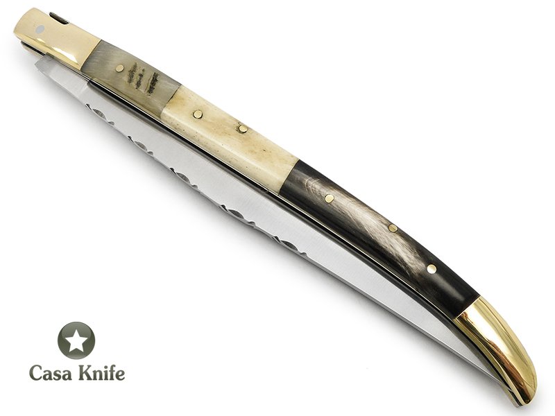 Canivete gigante estilo laguiole em aço inoxidável com empunhadura em chifre de carneiro, osso de camelo e chifre de búfalo 39 cm