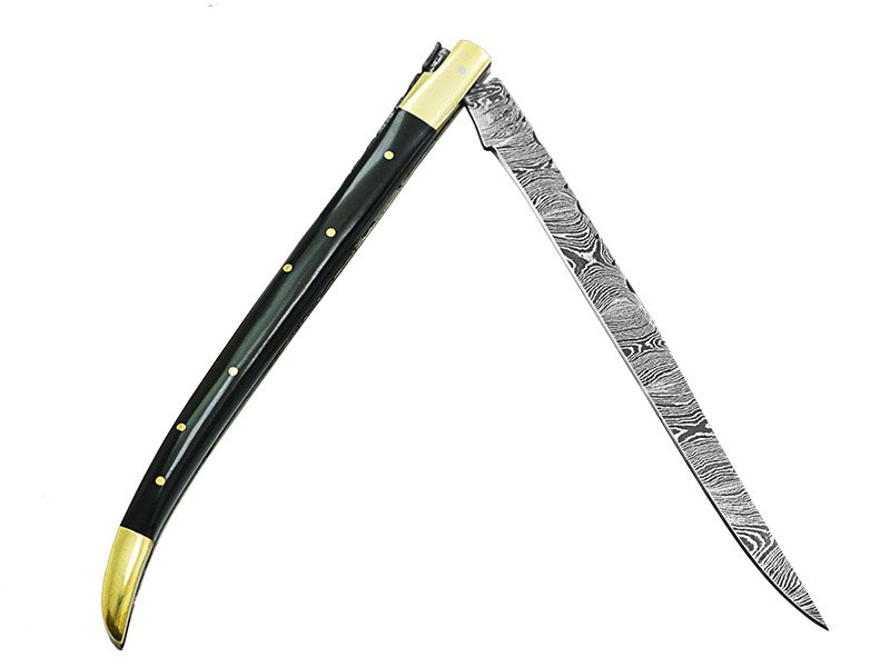 Canivete gigante estilo laguiole para colecionador em aço damasco. Empunhadura em chifre de búfalo, 38 cm