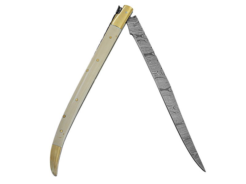 Canivete gigante estilo laguiole para colecionador em aço damasco. Empunhadura em osso de camelo, 38 cm