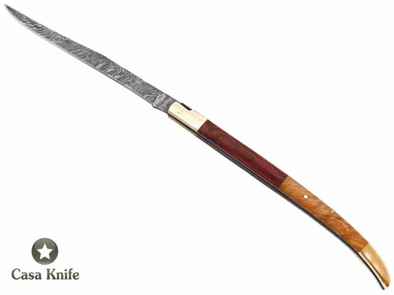 Canivete gigante estilo laguiole para colecionador em aço damasco com empunhadura em madeira estabilizada 39 cm
