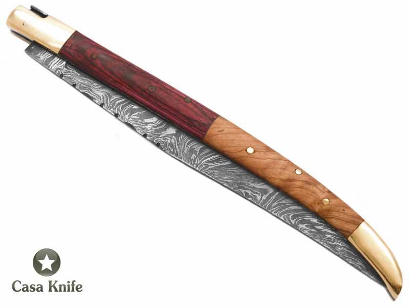 Canivete gigante estilo laguiole para colecionador em aço damasco com empunhadura em madeira estabilizada 39 cm
