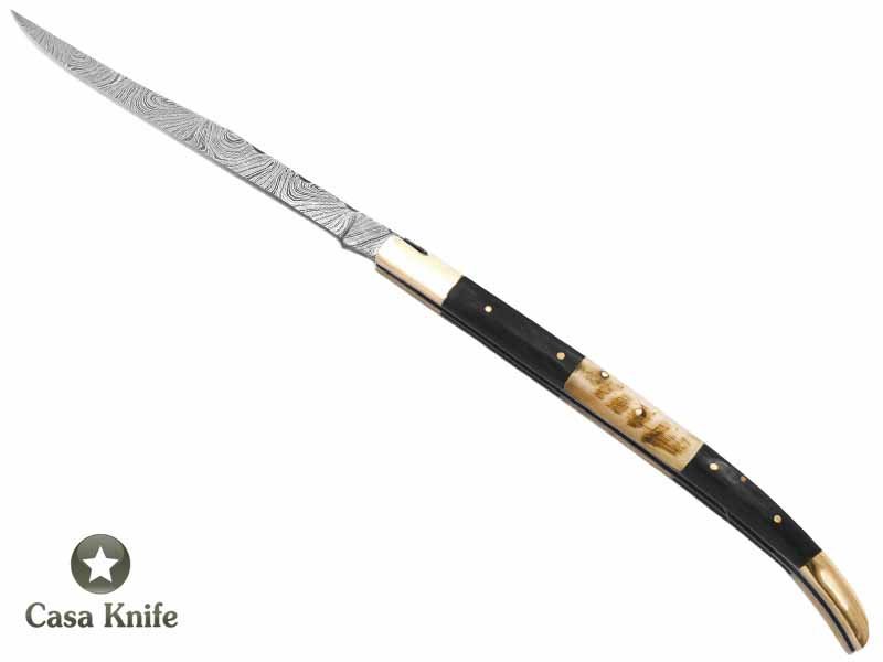 Canivete gigante estilo laguiole para colecionador em aço damasco com empunhadura em osso de boi e camelo 39 cm