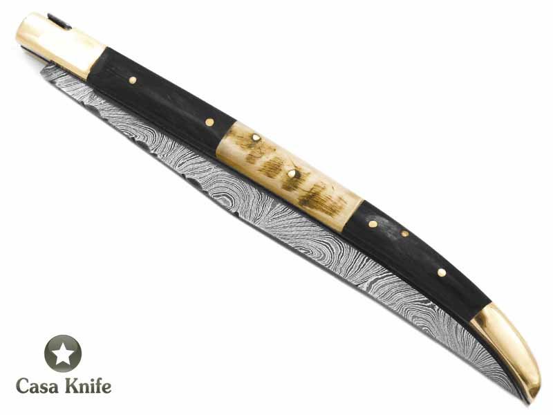 Canivete gigante estilo laguiole para colecionador em aço damasco com empunhadura em osso de boi e camelo 39 cm