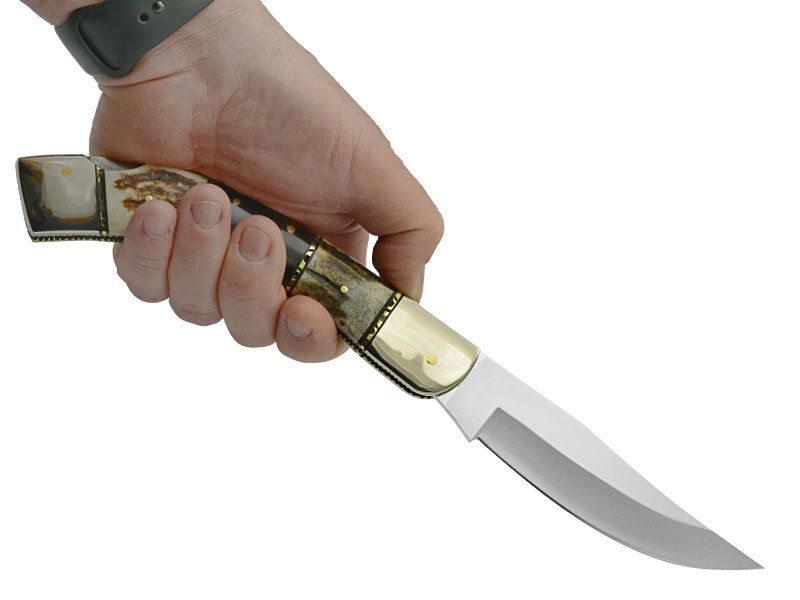 Canivete gigante para colecionador forjado em aço D2. Empunhadura em chifre de veado e búfalo, 31 cm